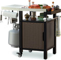 onlyfire 35 Inch Rolling Kitchen Island with XL Stainless Steel Top & Rattan Cabinet, Heavy-Duty BBQ Serving Cart for Indoor/Outdoor, Single Door Storage Worktable with Side Shelf & Wheels