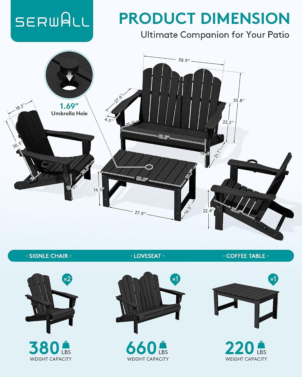 SERWALL 4 Pieces HDPE Patio Adirondack Chair Set, 2 Adirondack Chair with Cup Holder & 1 Adirondack Bench & 1 Coffee Table with Umbrella Hole, Black