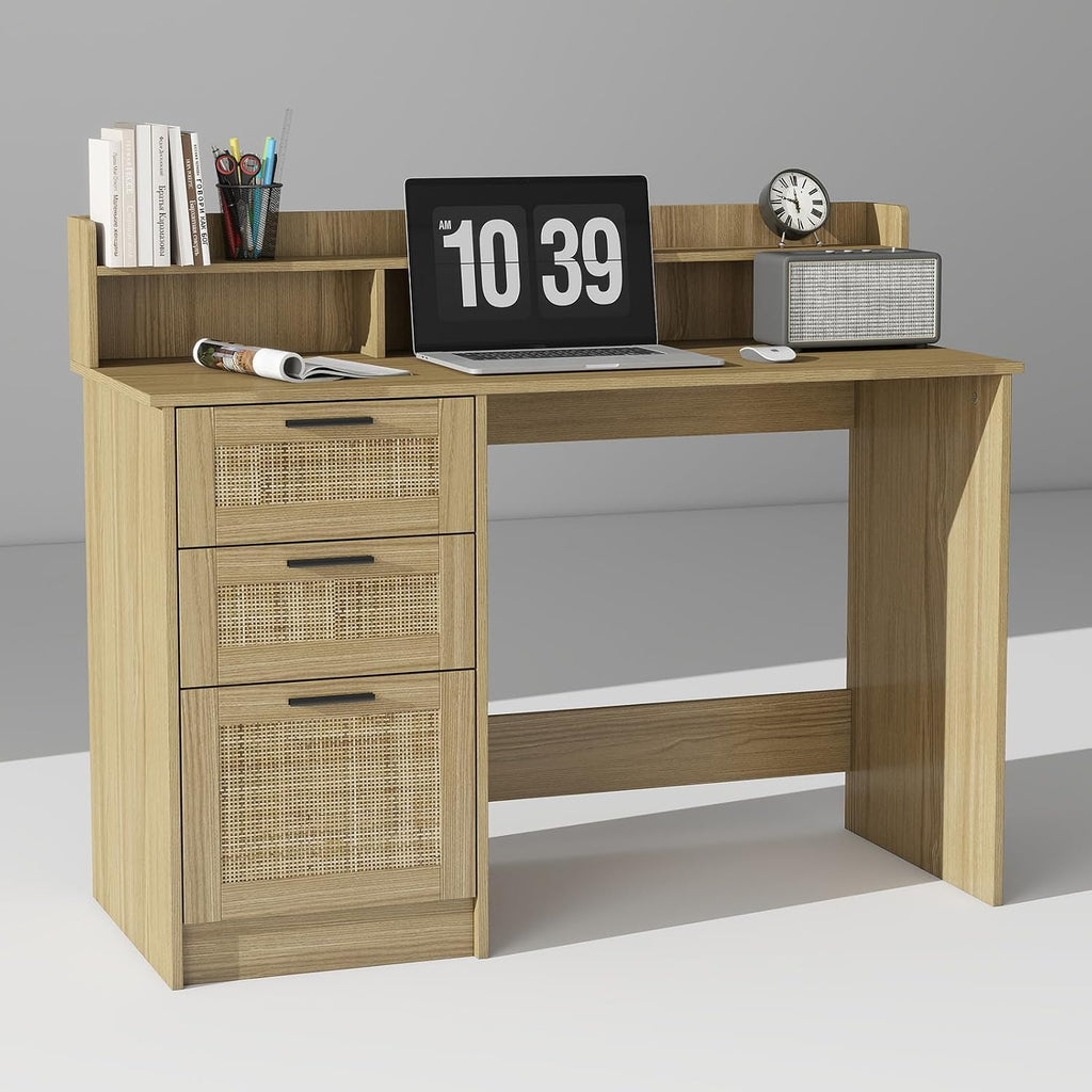 FUNKOCO Computer Desk with Rattan Drawers and Hutch - 47 Inch Home Office Boho Writing Desk with Storage File Drawer & Monitor Stand, Modern Wood Computer Table