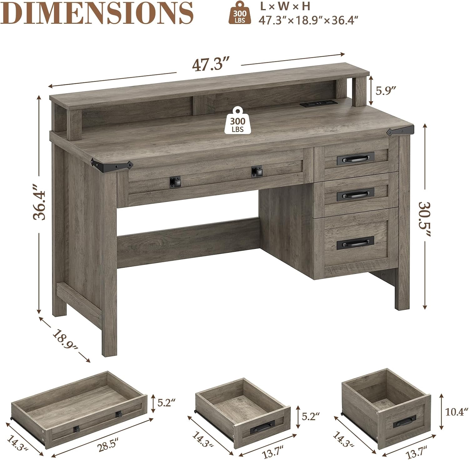 YOMILUVE Farmhouse Computer Desk with Drawers, 47' Small Computer Desk with Power Outlets, Home Office Desk with Monitor Stand & 4 Drawers, Writing Study Table, Grey