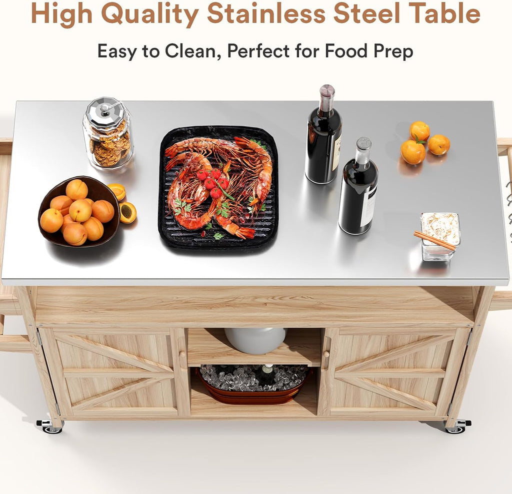 Zevemomo Outdoor Grill Cart with Storage, Stainless Steel Tabletop Outdoor Kitchen Island, Solid Wood Outdoor Buffet Cabinet with Wheels for Grilling, Light Wood Color