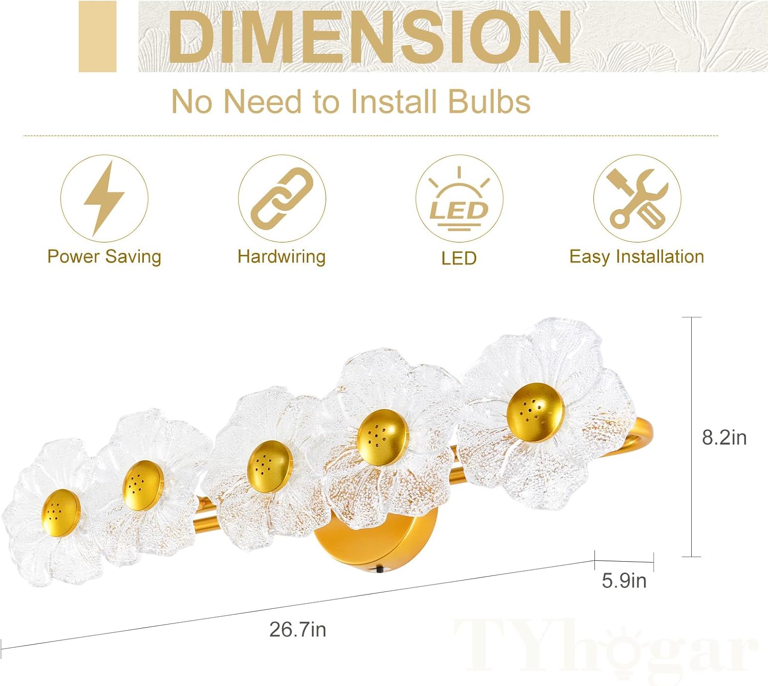 26.7' Gold Bathroom Light Fixtures 5 Light Floral Vanity Lights, 3-Color Dimmable Bathroom Vanity Light Elegant Led Wall Lights Cordless Wall Sconces for Decor,Bathroom,Livingroom