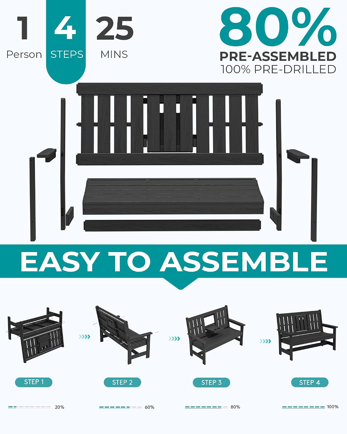 SERWALL Outdoor Bench with Cup Holder, 58' HDPE Garden Park Bench Suitable for 3 Person, All Weather Patio Benches with High Backrest and Wide Armrests for Garden, Park, Yard, Front Porch, Black