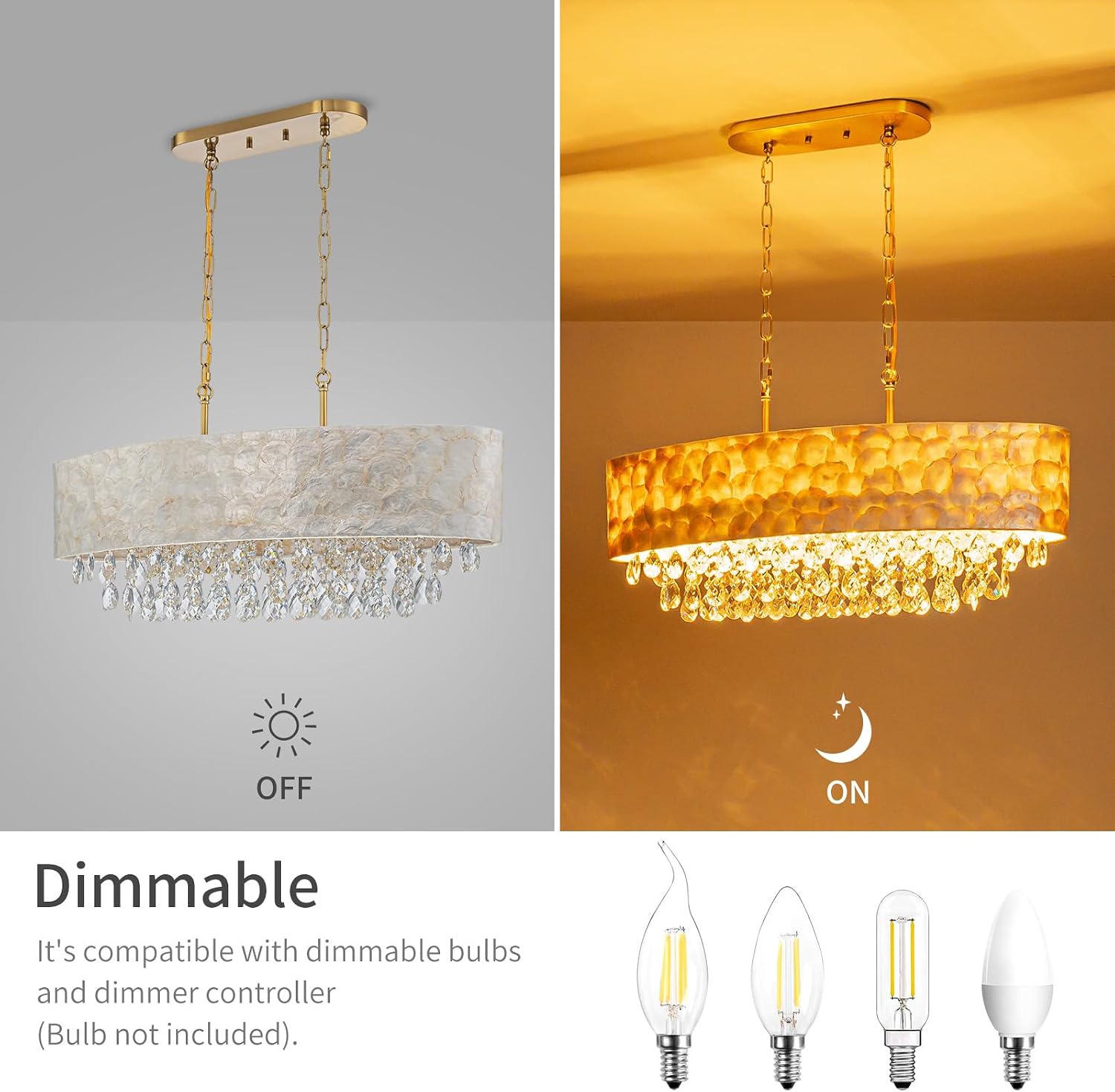 LumFurn 6-Light Oval Capiz Shell Crystal Linear Chandeliers, Coastal Design Light Fixture for Dining Room, Kitchen Island, L32xW12xH19~65in(Adjustable), K9 Crystal, Shell Lampshade & Brass Finish