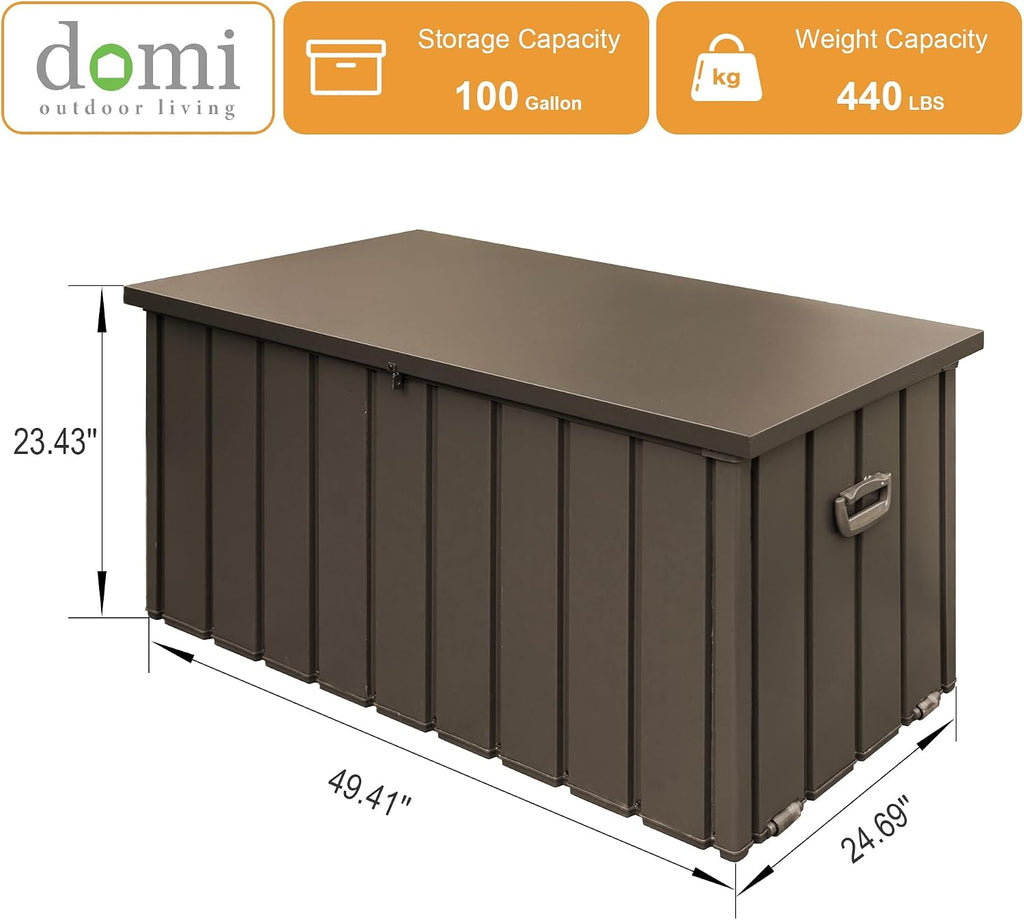 Domi 100 Gallon Deck Box, Outdoor Metal Lockable Storage Cabinet, Waterproof Steel Outdoor Bench with Lockable Lid, Side Handles & Rolling Casters for Outside Cushions, Pillows, Garden Tools, Brown