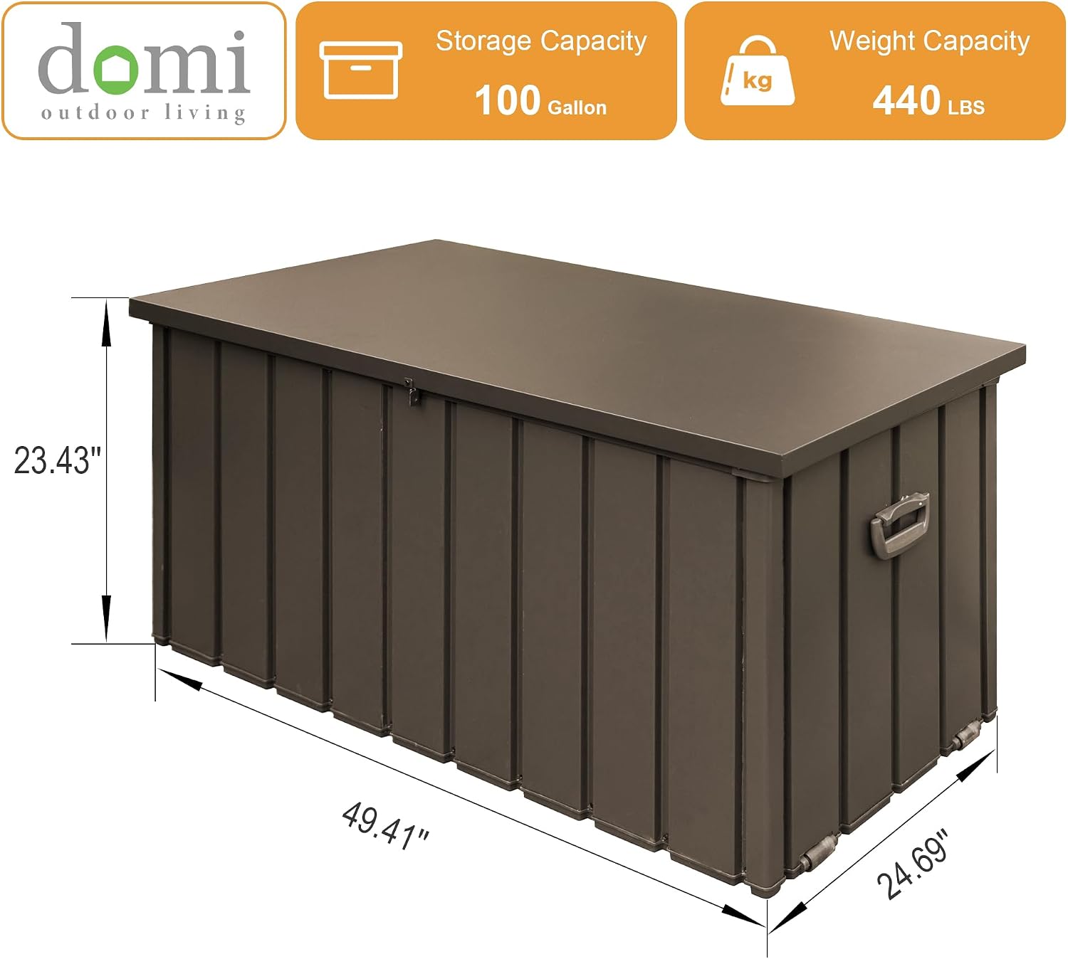 Domi 100 Gallon Deck Box, Outdoor Metal Lockable Storage Cabinet, Waterproof Steel Outdoor Bench with Lockable Lid, Side Handles & Rolling Casters for Outside Cushions, Pillows, Garden Tools, Brown