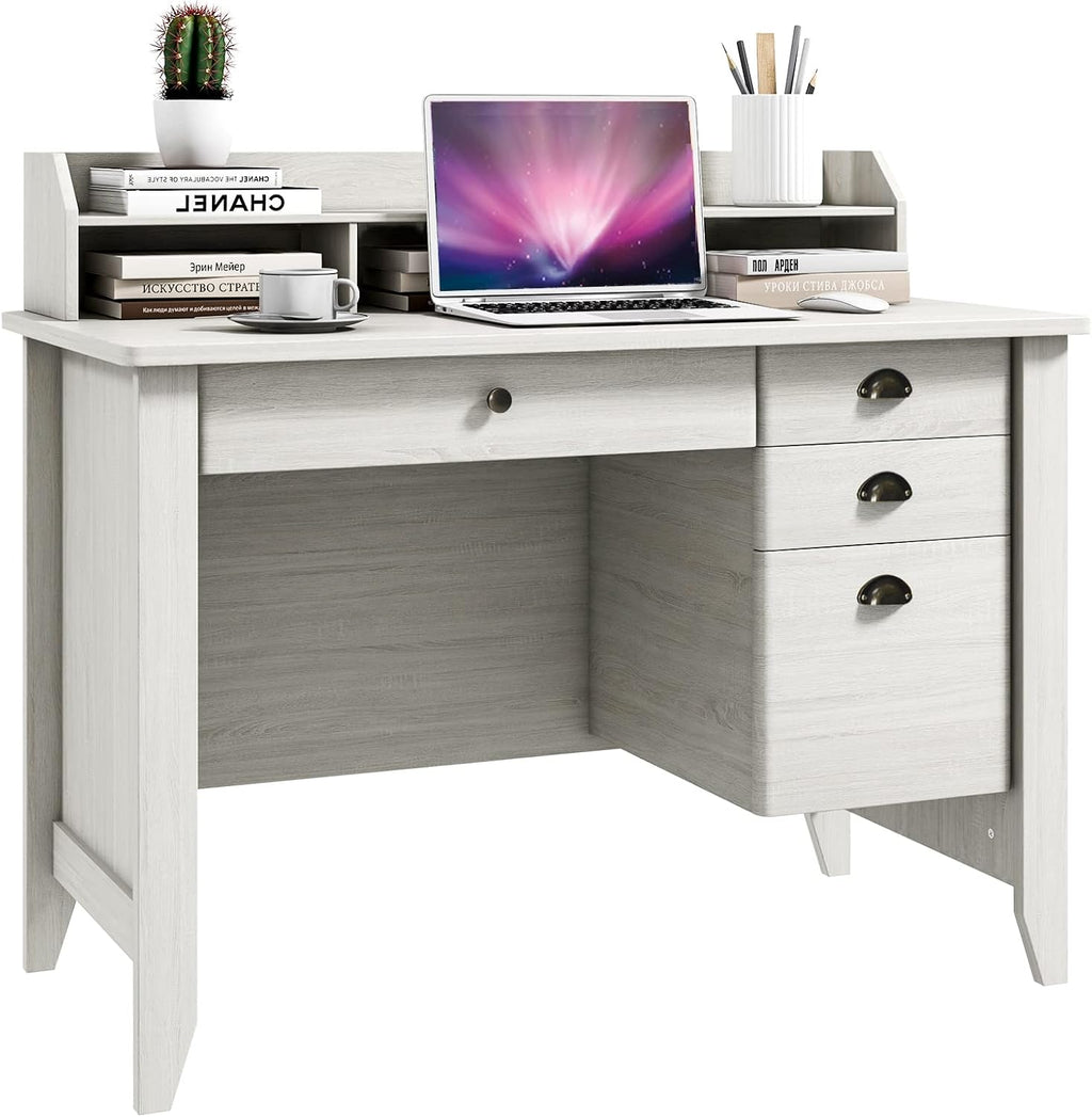 48' Vintage Computer Desk with 4 Storage Drawers & Top Hutch, Home Office Workstation with Drawer & Monitor Stand, Wooden Study Work Writing Table (White)