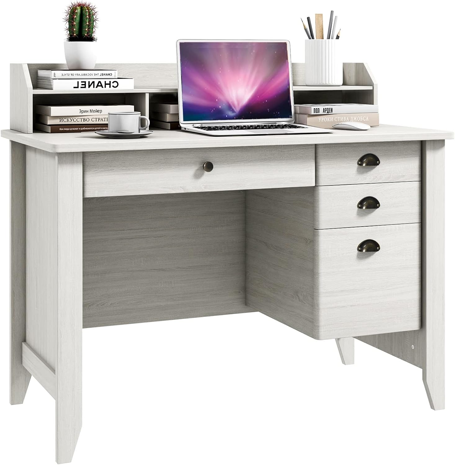 48' Vintage Computer Desk with 4 Storage Drawers & Top Hutch, Home Office Workstation with Drawer & Monitor Stand, Wooden Study Work Writing Table (White)