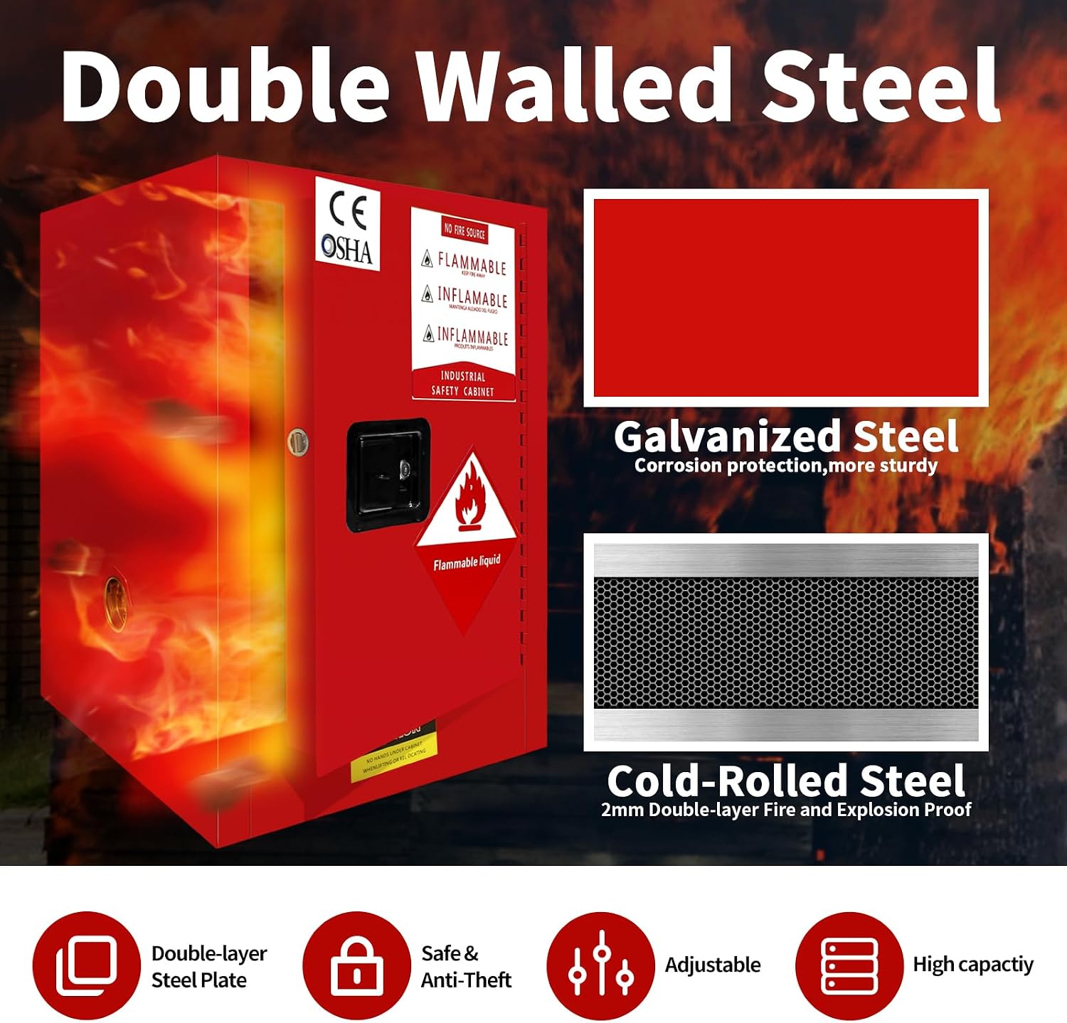 WETOXL12 Gallon Flammable Cabinet 23H x 18W x 18.2D, Galvanized Steel Safety Storage Cabinet, Adjustable Shelf for Commercial Industrial Home Use (Red)
