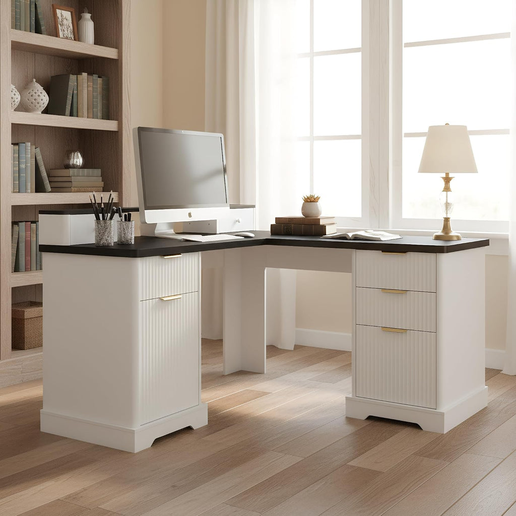 Fluted L Shaped Executive Desk with 6 Drawers & Monitor Stand, Home Office Computer Writing Desk with Power Outlets, File Drawer, Wood Corner Workstation Desk with Storage for Study, Bedroom(White)