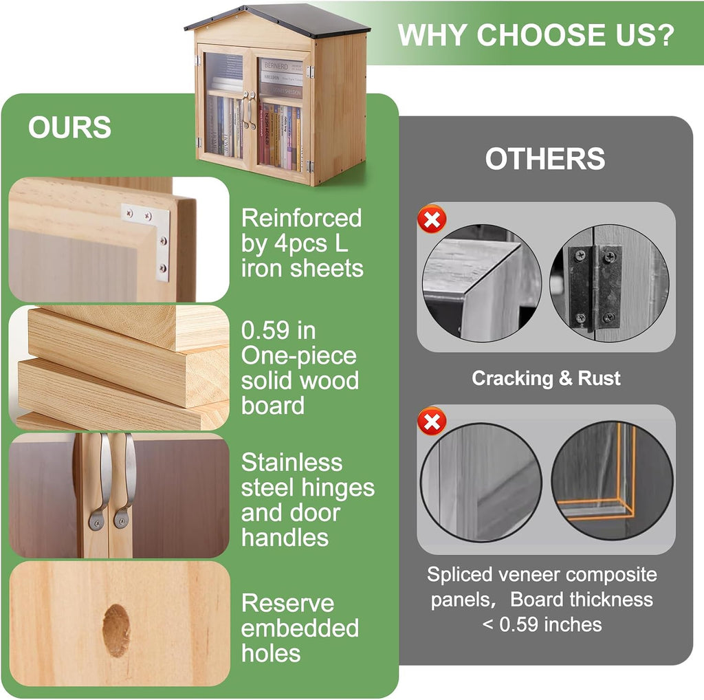 2-Tier Outdoor Little Library Book Exchange Box - Durable Weatherproof Solid Wood Cabinet with Adjustable Shelves & Rust-Proof Hardware for Community, Schools & Neighborhood Sharing