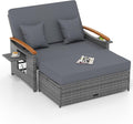 Tangkula Patio Rattan Daybed with 4-Level Adjustable Backrest, Outdoor Wicker Loveseat with Acacia Wood Armrest, Storage Ottoman & Folding Tray, Double Sunbed for Balcony, Backyard & Poolside (Grey)