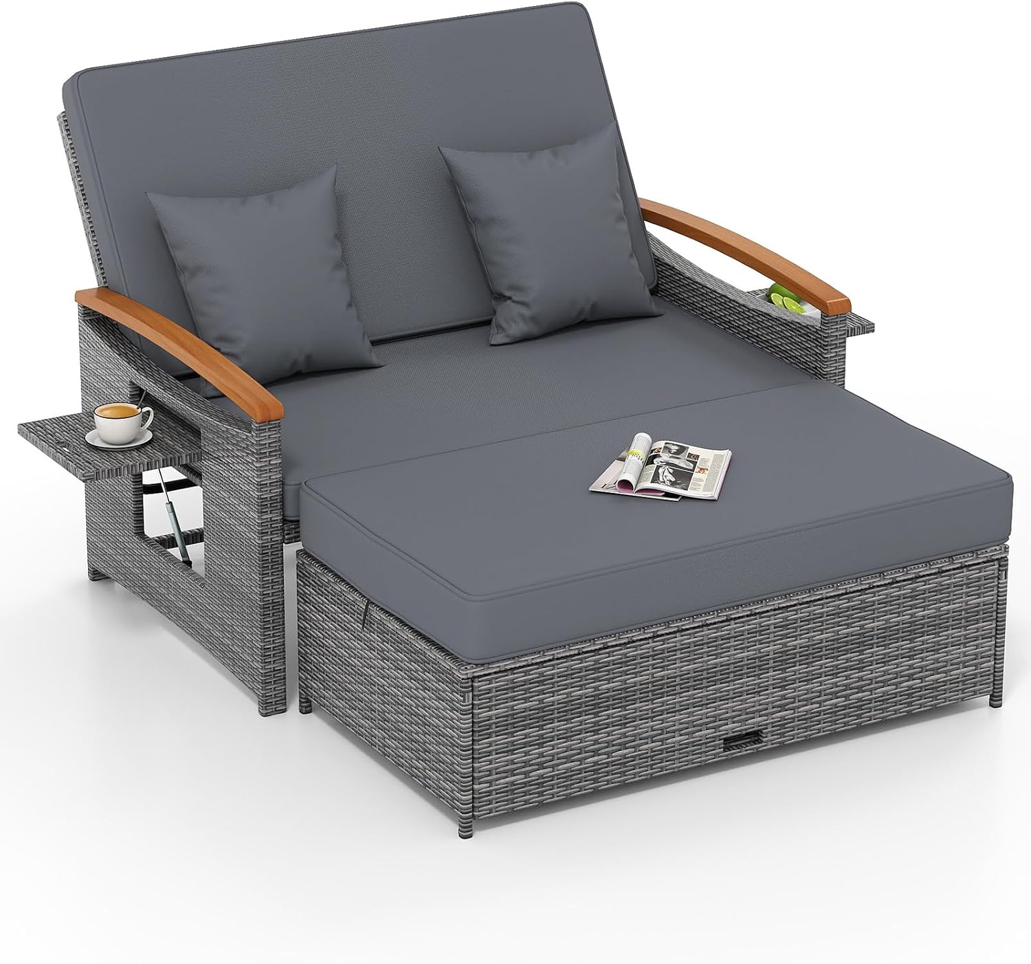 Tangkula Patio Rattan Daybed with 4-Level Adjustable Backrest, Outdoor Wicker Loveseat with Acacia Wood Armrest, Storage Ottoman & Folding Tray, Double Sunbed for Balcony, Backyard & Poolside (Grey)