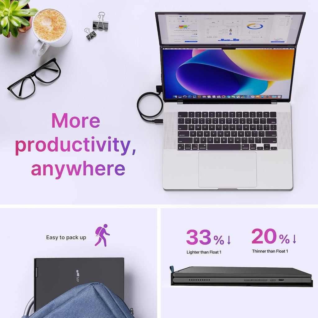 Mobile Pixels Duex Float 2 Pro 16' 2.5K Portable Monitor for Laptop, Built-in Kickstand & Speakers Ultra-Thin Laptop Screen Extender | USB-C & HDMI | Plug & Play for Windows, MacOS, Switch, Android