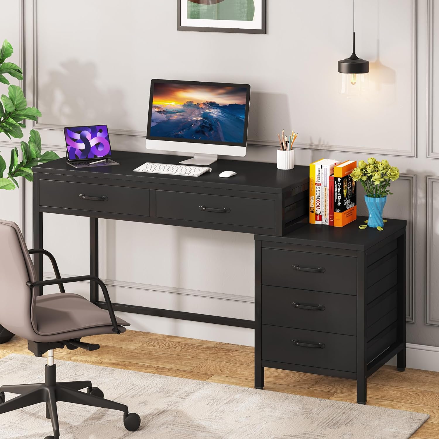 Tribesigns Computer Desk with 5 Drawers, Home Office Desks with Reversible Drawer Cabinet Printer Stand, Industrial PC Desk with Storage, Rustic Study Writing Table Workstation for Small Spaces, Black