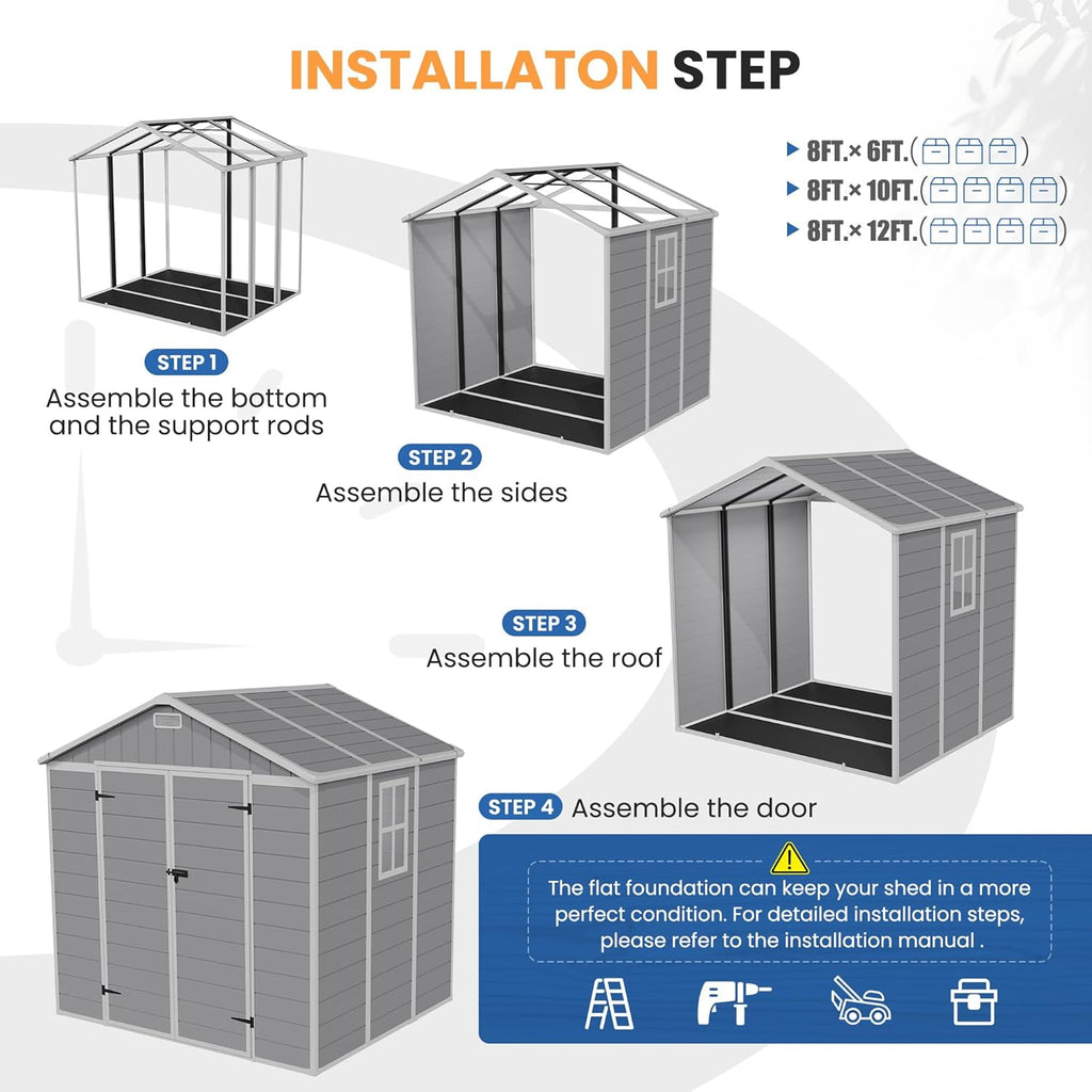 Amopatio Storage Shed 6x8, Resin Outdoor Shed with Floor Included, Plastic Sheds Outdoor Storage for Bike, Garden Tools, Sheds & Outdoor Storage with Lockable Door, Window & Vents, Grey & White