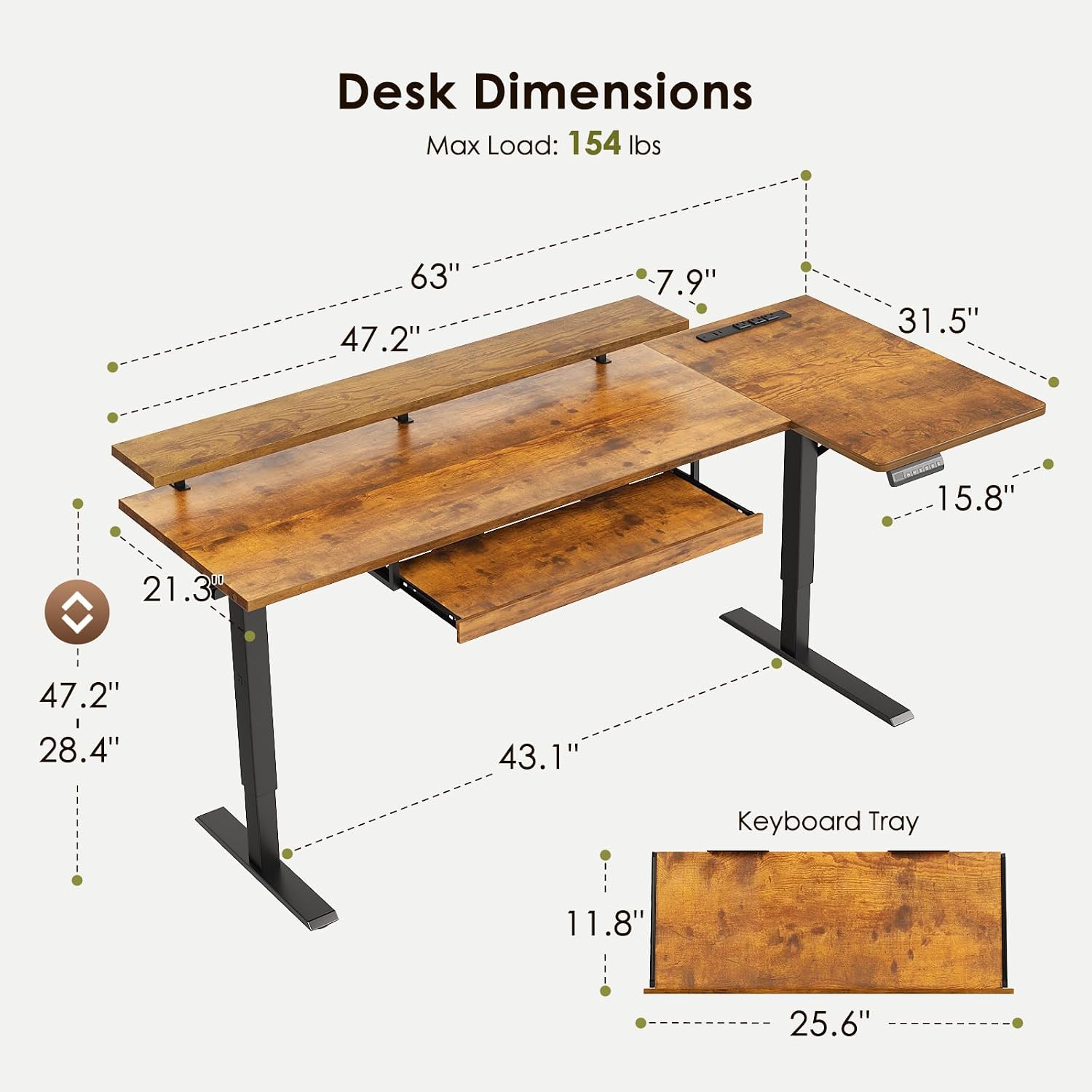 OffiGo 63 Inch Electric L Shaped Standing Desk with Keyboard Tray, Reversible Height Adjustable Corner Computer Desk with Monitor Stand, Sit Stand Up Lift Table for Home, Office, Rustic Brown