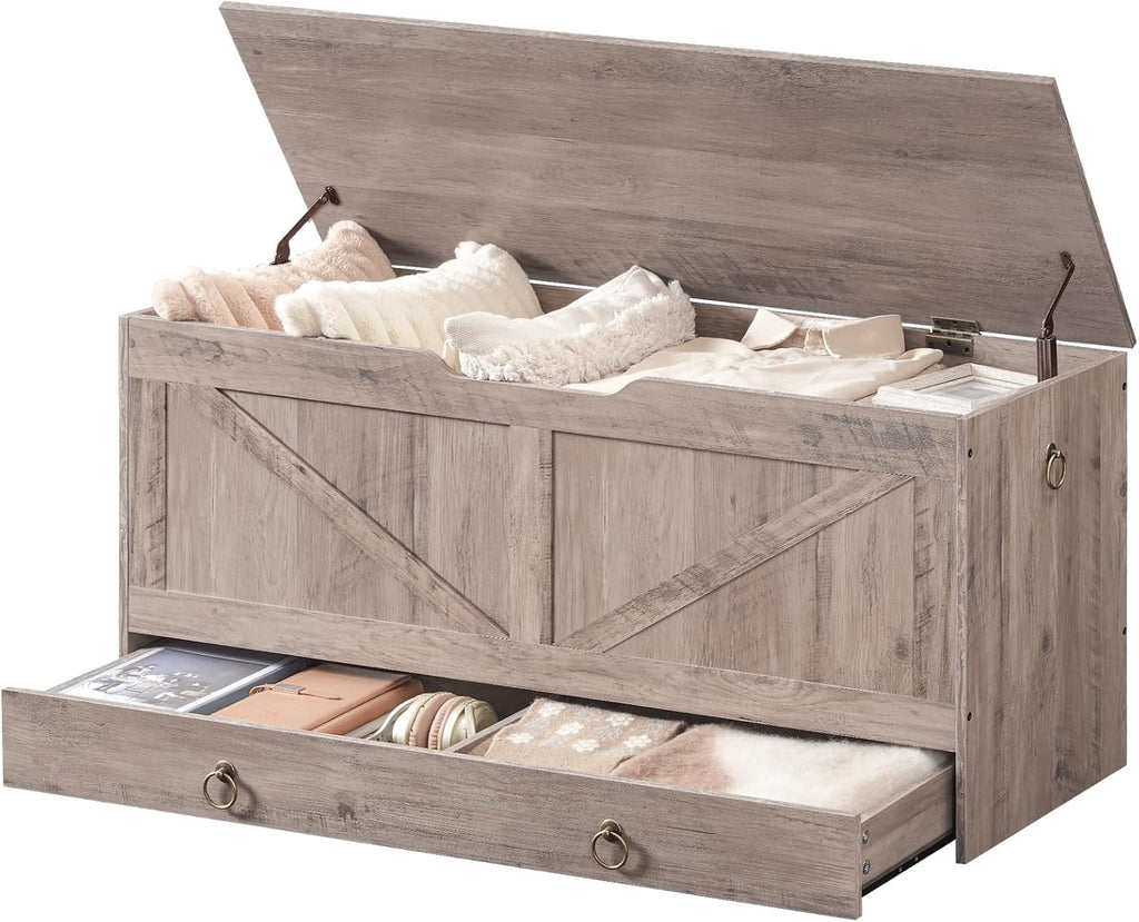 HOOBRO Storage Chest, 43.3' Toy Chest with Drawer, Wooden Storage Bench, Sturdy Entryway Bench Supports 220 lb, Shoe Bench, Safety Hinge, U-Shaped Opening, Easy Assembly, Greige BG711CW01G1