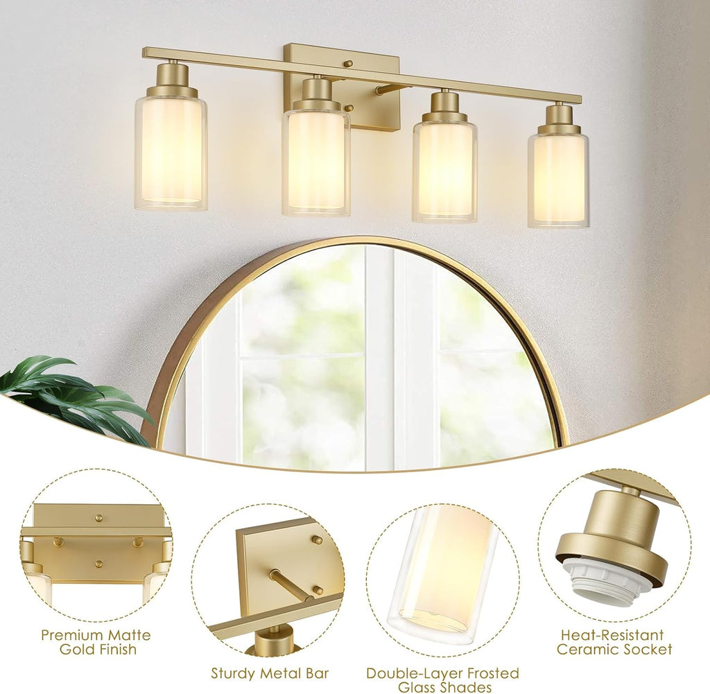 Jonsi Bathroom Vanity Light 4-Light Gold Vanity Lights 31' Bathroom Light Fixtures Over Mirror with Double Clear Glass Modern Wall Sconces for Living Room Hallway Bedroom