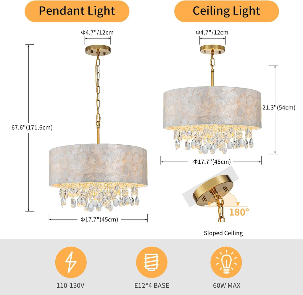 LumFurn D18in Drum Capiz Shell Crystal Chandeliers, 4-Light Coastal Style Light Fixture for Dining Room, Living Room, D18x21~68'(Adjustable), K9 Crystal, Shell Lampshade & Gold Finish