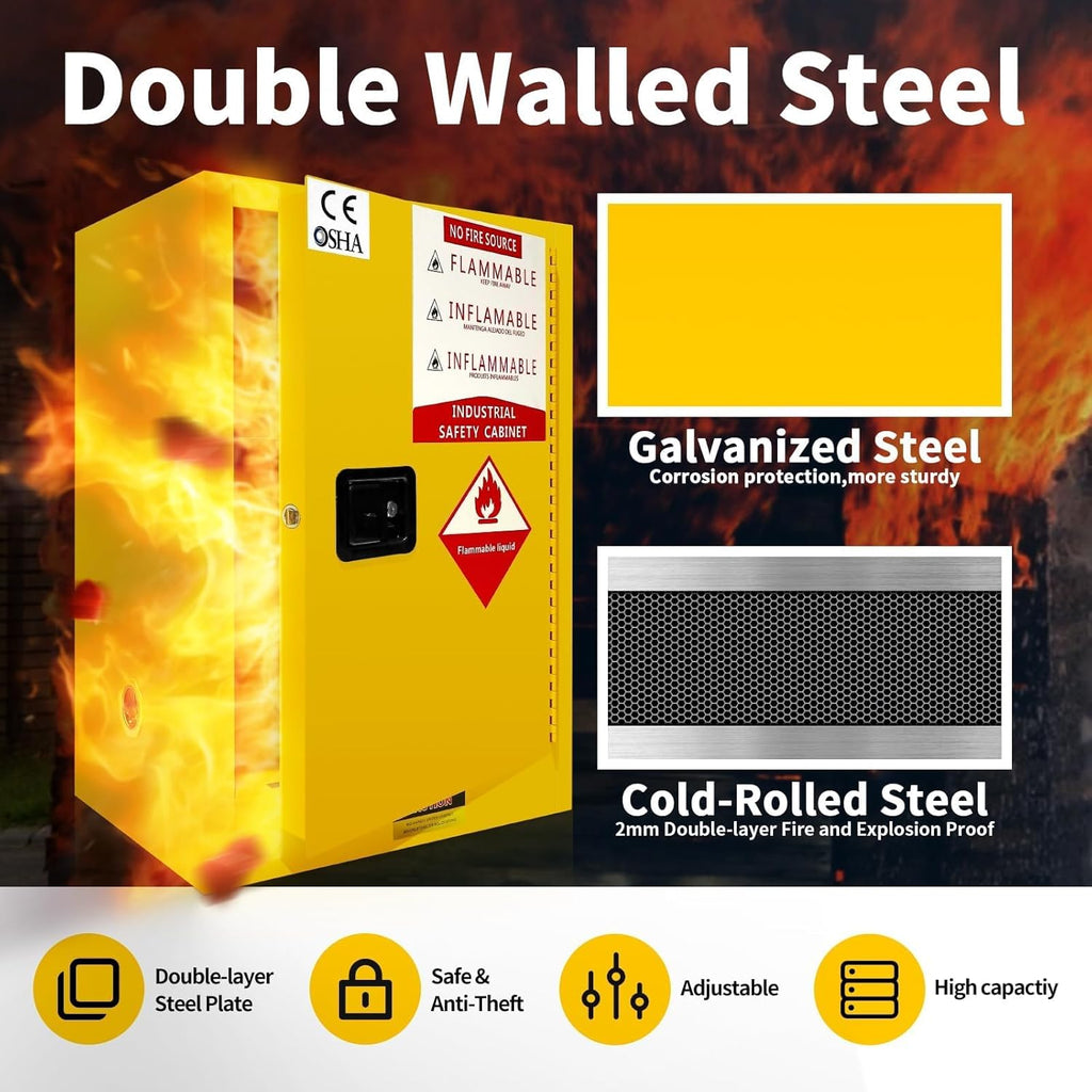 57 Gallon Flammable Storage Cabinet 35H x 26D x 21W - OSHA, Galvanized Steel Flammable Cabinet, Adjustable Shelf for Commercial Industrial Home Use
