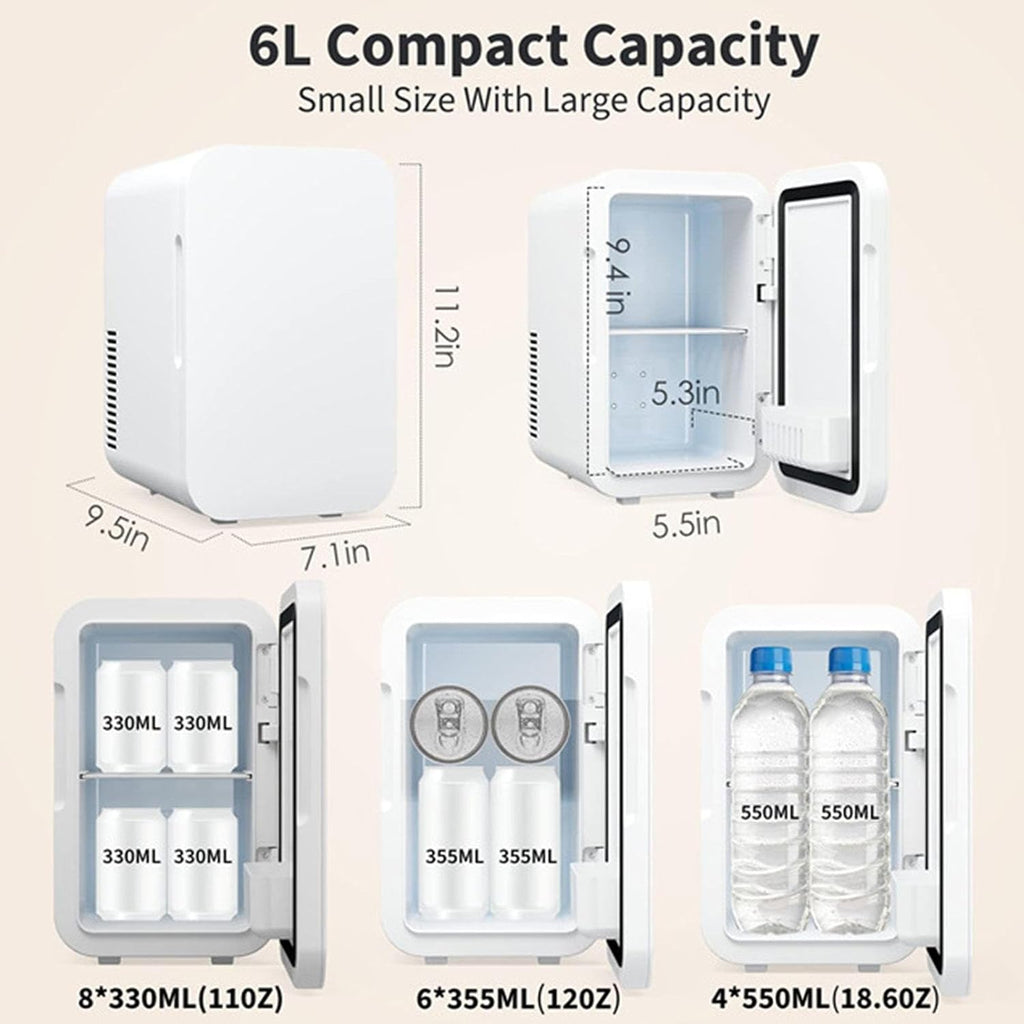 Mini Skincare Fridge (6 Liter/8 Can) with 12V DC 110～220 V AC Cooler and Warmer for Refrigerating Make Up Skin Care and Food Portable Mini Fridge for Bedroom Office and Car,White