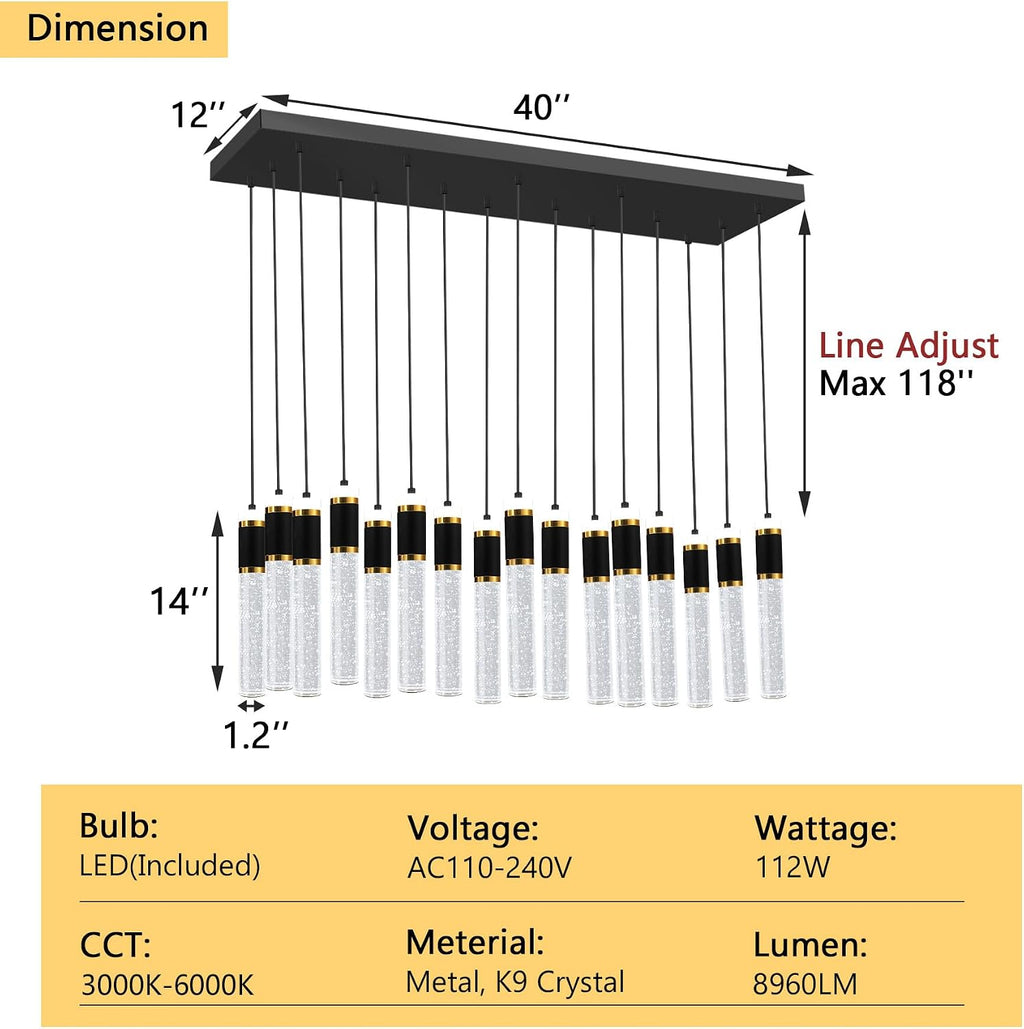 16-Lights Modern Cystal for Kitchen Island LED Dimmable Pendant Lighting Fixture Crystal Chandelier Light Fixtures for Dining Room