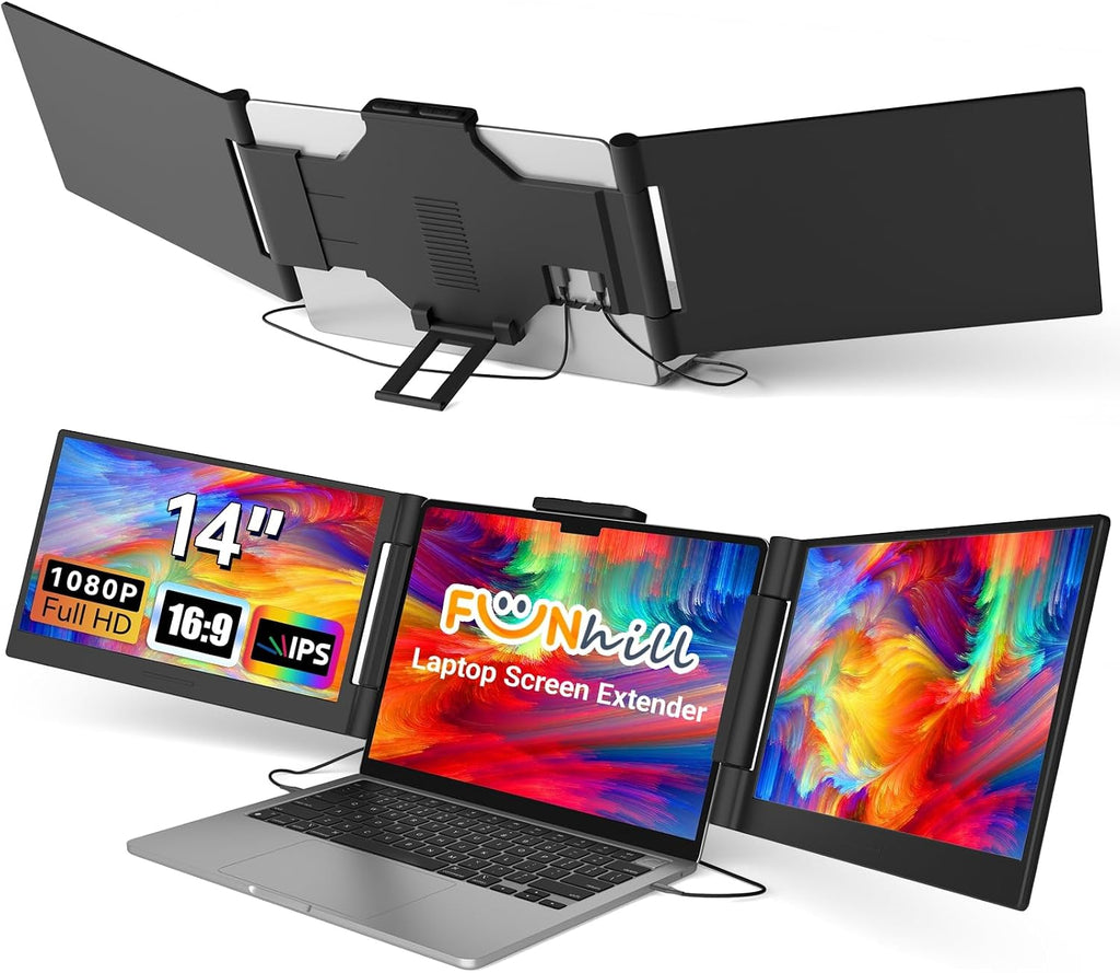 Funhill Laptop Screen Extender 14 inch Laptop Monitor Extender 1080P IPS, Triple Portable Monitor for Laptops 13-17.3' with Display/HDMI Port, Plug-Play Portable Screen for Windows/Chrome/Android