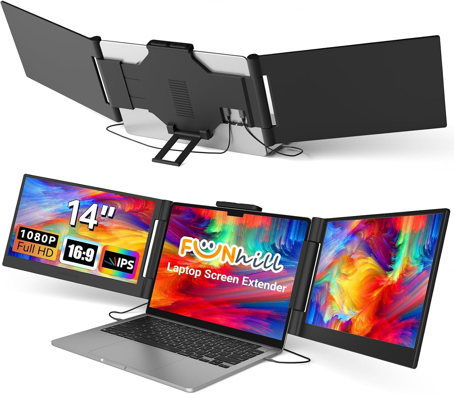 Funhill Laptop Screen Extender 14 inch Laptop Monitor Extender 1080P IPS, Triple Portable Monitor for Laptops 13-17.3' with Display/HDMI Port, Plug-Play Portable Screen for Windows/Chrome/Android