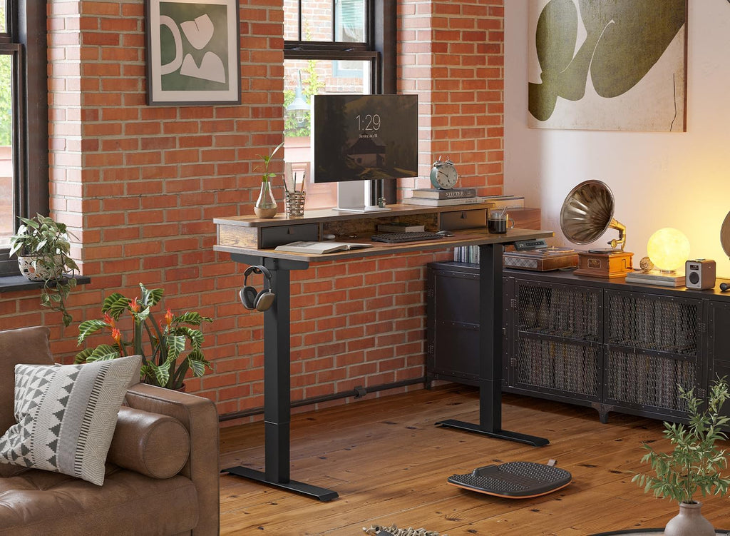 FEZIBO 55''x 24'' Height Adjustable Electric Standing Desk with Double Drawer, Home Office Computer Desk with 4 Height-Adjustable Feets & 2 Hooks, Rustic Brown