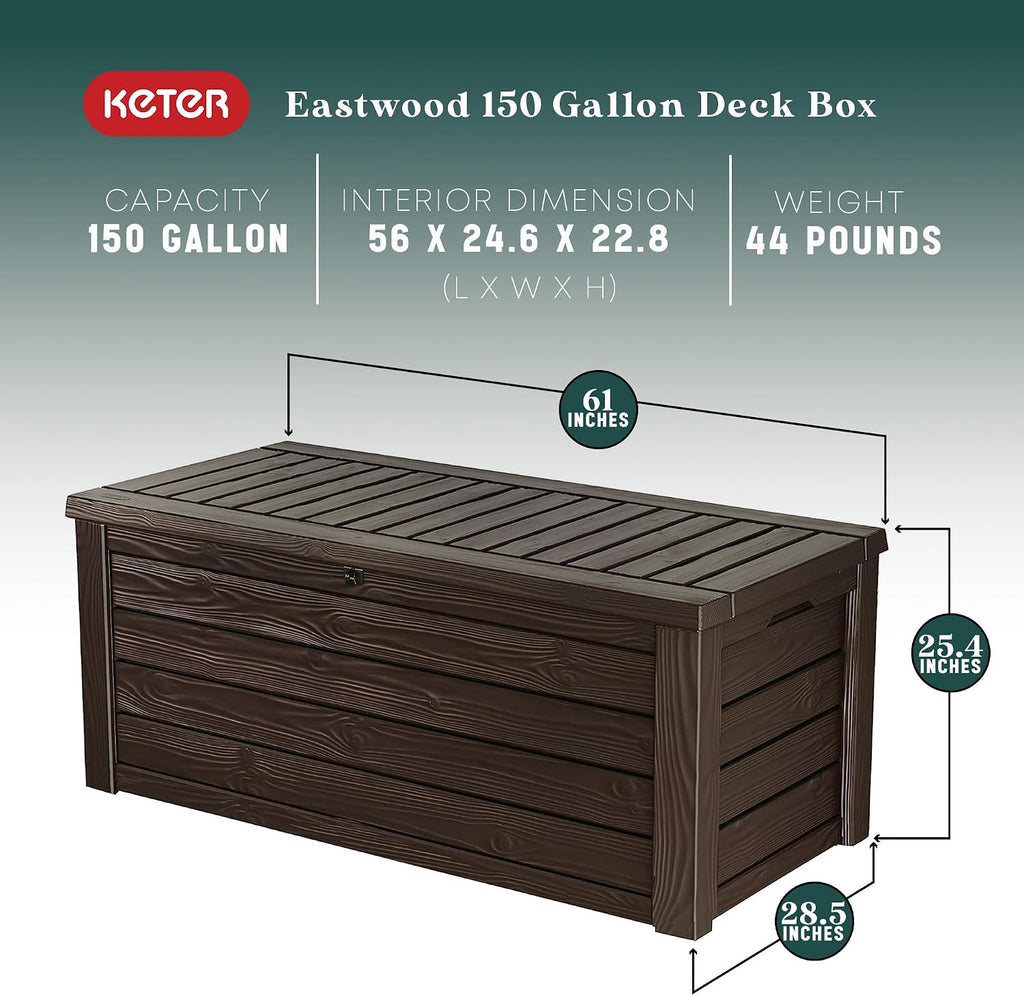 Keter Unity XL Outdoor Kitchen Rolling Bar Cart, Storage Cabinet Bundled with Westwood 150 Gallon Plastic Outdoor Furniture Storage Deck Box, Espresso