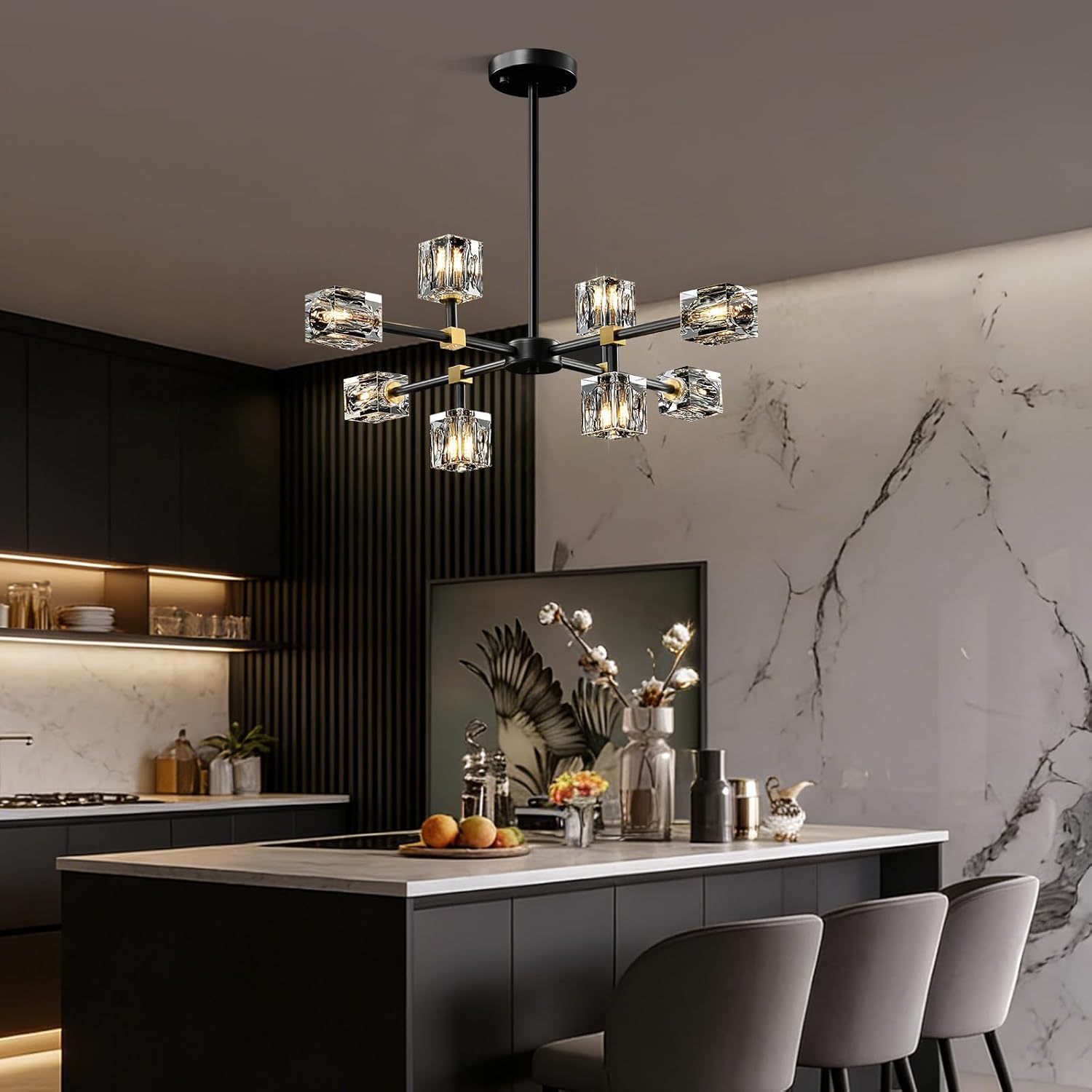 Modern Sputnik Crystal Kitchen Chandelier - Luxury Elegant 8 Light Black and Gold Brushed Brass Chandeliers - Adjustable Height Pendant Lighting Ceiling Fixture for Dining Room Living Room Island