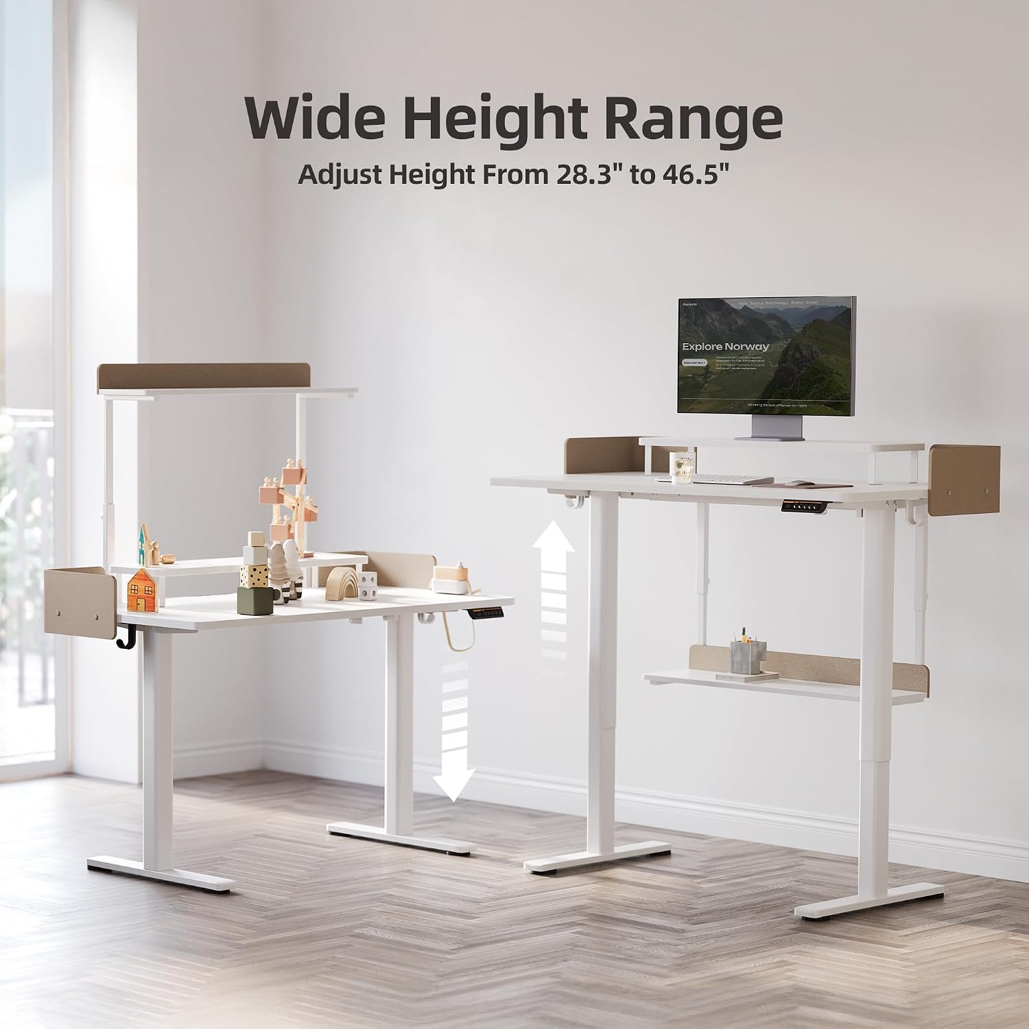 Claiks Electric Standing Desk with Monitor Stand, 55 Inches Electric Height Adjustable Desk with Removable Shelves, Stand Up Computer Desk Workstation, White