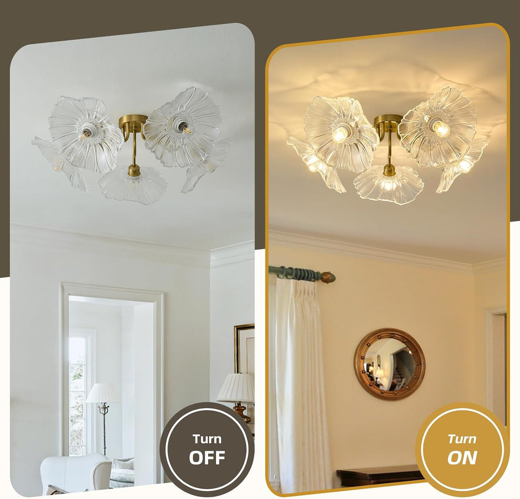 Flower Glass 5 Lights Ceiling Light - Gold Vintage Floral Semi Flush Mount Chandelier Lightin Fixture - Mid Century Modern Art Deco Lamp for Bedroom Bathroom Hallway Hall Laundry Kitchen Dining Room