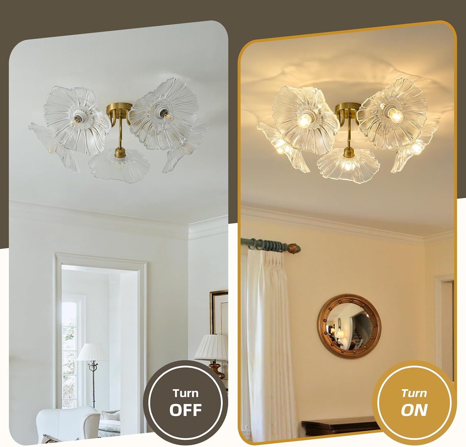 Flower Glass 5 Lights Ceiling Light - Gold Vintage Floral Semi Flush Mount Chandelier Lightin Fixture - Mid Century Modern Art Deco Lamp for Bedroom Bathroom Hallway Hall Laundry Kitchen Dining Room