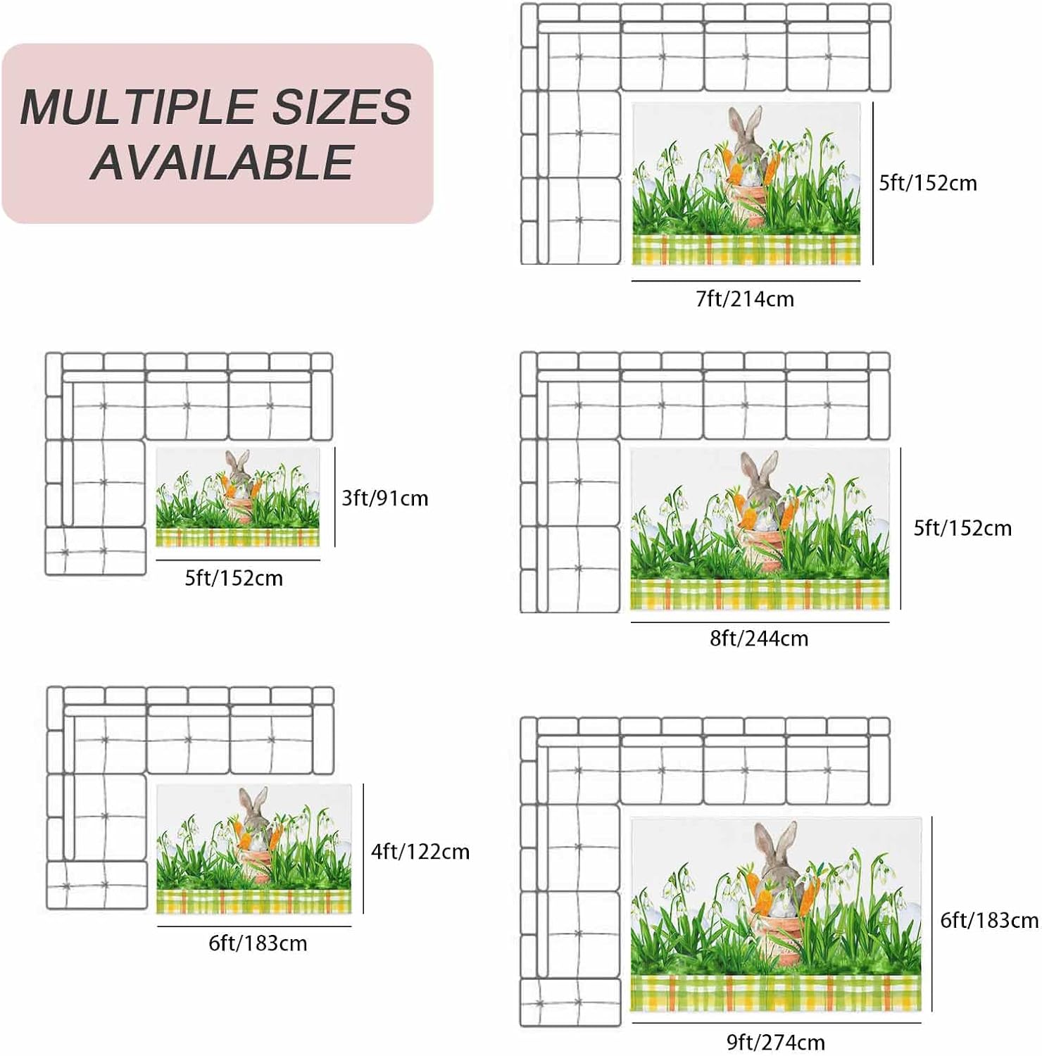 Easter Bunny Outdoor Rug for Patio/Deck/Porch, Non-Slip Large Area Rug 5 x 7 Ft, Spring Garden Floral Botanical Plaid Rustic Indoor Outdoor Rugs Washable Area Rugs, Camping Rug Carpet Runner