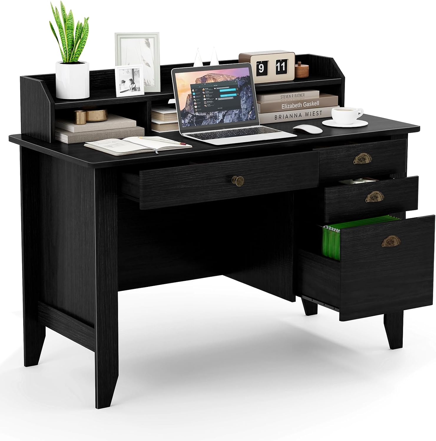 MAT EXPERT 48' Wide Computer Desk, Vintage Computer Desk with Hutch & Storage Drawer, Monitor Stand, Writing Workstation, Waterproof Laptop Table Gaming Desk for Study, Office, Bedroom (Black)