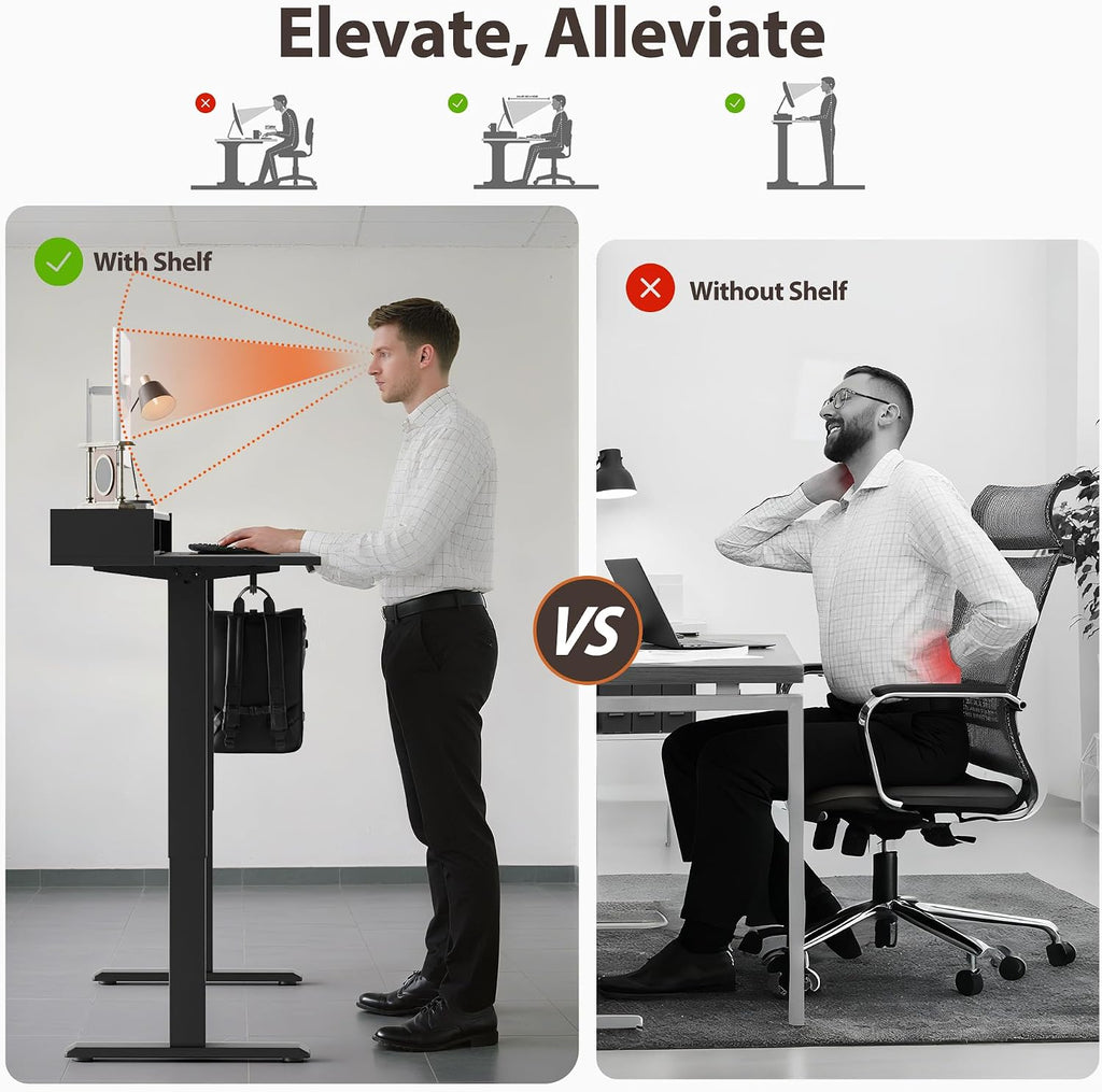 Agilestic 48 x 24 Inches Electric Standing Desk with Storage, Adjustable Height Sit and Stand Computer Table with Glass Shelf, Splice Board, Black