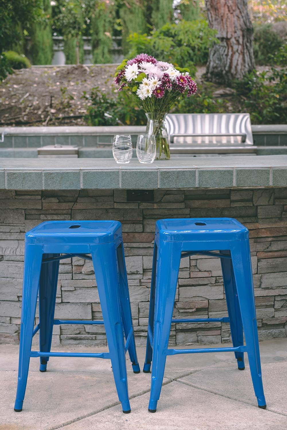 Vogue Furniture Direct 24 Inch Metal Bar Stools, Backless Counter Height Barstools, Indoor Outdoor Stackable Stools with Square Seat, Set of 4 (Blue)