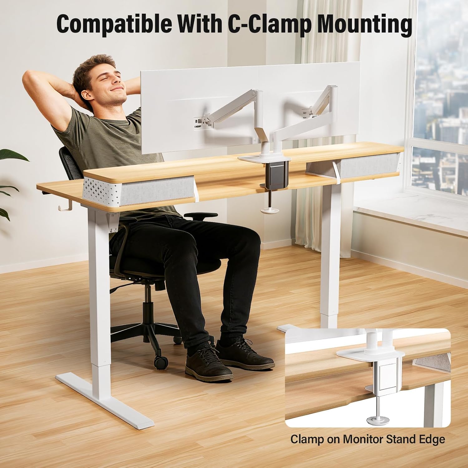 Kingant 40 x 24 Inch Small Electric Standing Desk with Dual Drawers, Height Adjustable Sit to Stand Computer Desk with Storage Shelf and C-Clamp Mount Compatibility for Home Office, Nature