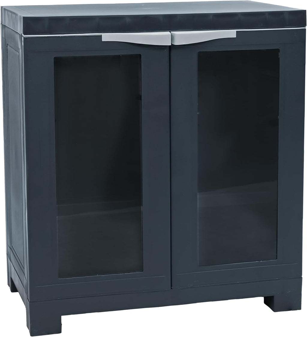 Sunnydaze 25.5' H Resin Garage Storage Cabinet - Garage Cabinet with 2 Acrylic Glass Doors - Freestanding Utility Storage for Laundry Room, Office, Basement - Charcoal
