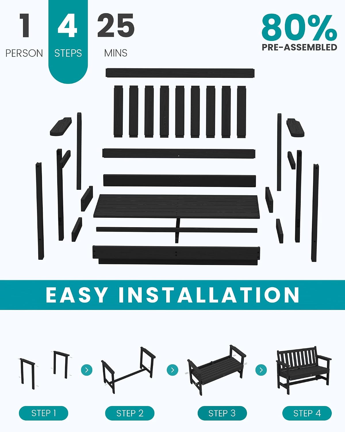 SERWALL Outdoor Bench, HDPE Outdoor Benches Weatherproof, 2-Person Garden Bench with 660 lbs Weight Capacity, Patio Benches for Outdoors, Garden, Porch, Backyard and Park, Black