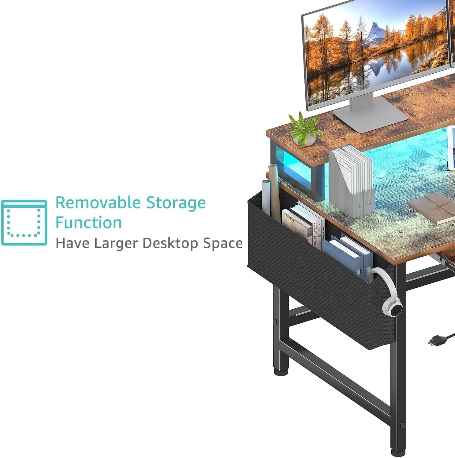 Lufeiya Gaming Desk with LED Lights and Power Outlets, 47 Inch Home Office Desks with Keyboard Tray, Computer Desk with File Drawers Cabinet, Writing Table PC Desks with Monitor Stand, Rustic Brown