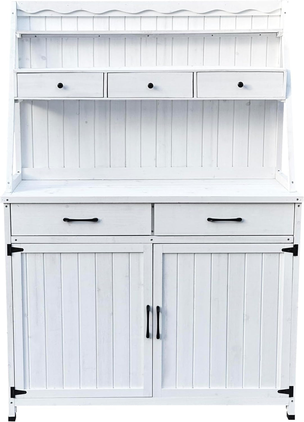 GDFStudio Farmhouse Outdoor Storage Bench Table with Cabinet, Fir Wood Potting Bench Plant Bench, Large Garden Storage Work Bench with Drawers Removable Shelf for Backyard Patio Greenhouse, White