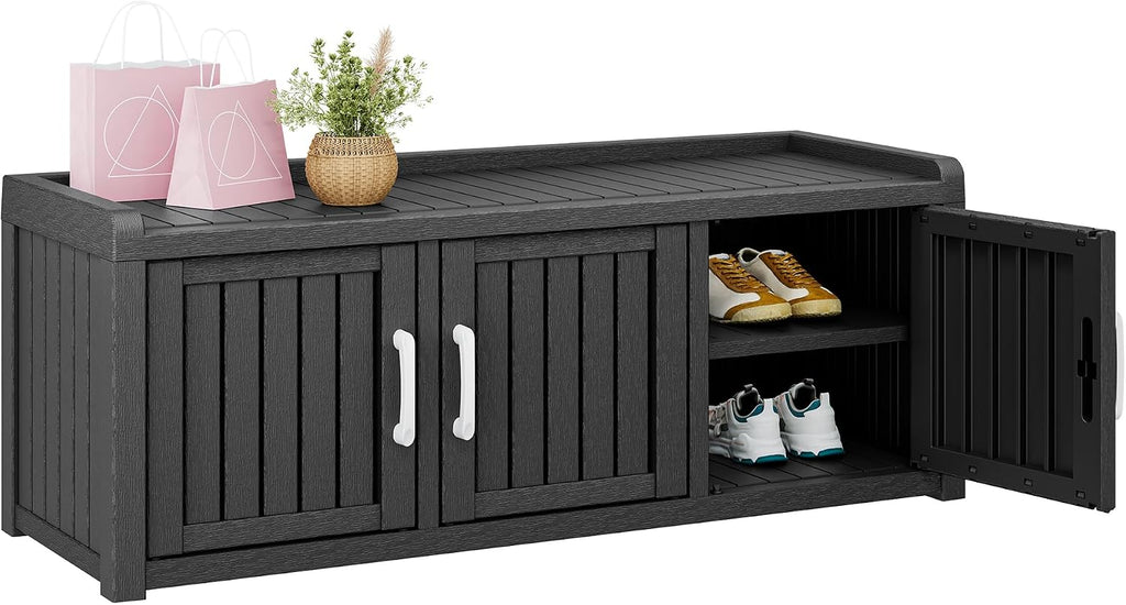 Bifanuo Shoe Storage Cabinet, 3 Door Outdoor Storage Bench with Adjustable Shelves, Waterproof UV-Resistant for Hallway, Living Room, Entryway, Large Capacity Modern Organizer (Black)
