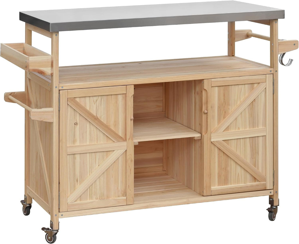 50.25'' Outdoor Kitchen Island, Rolling Bar Cart & Storage Cabinet, Farmhouse Solid Wood Outdoor Grill Table with Stainless Steel Top, Spice Rack, Towel Rack for Kitchen & BBQ, Natural