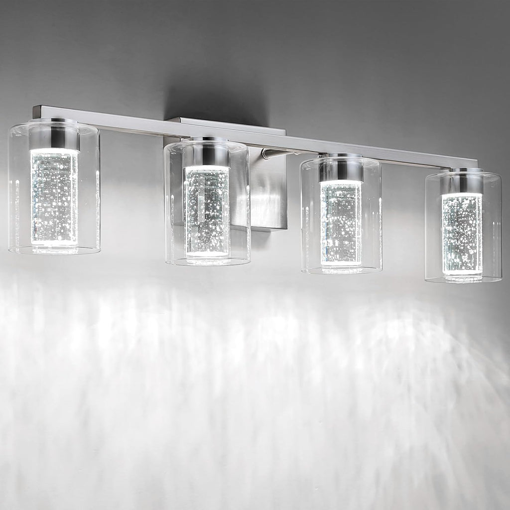 SineRise 4-Light Brushed Nickel Vanity Light with 3 Color Modes (3000K/4000K/6000K), Eye Protection LED Bathroom Light Fixture, Dimmable Modern Wall Light Over Mirror with Clear Glass Shade