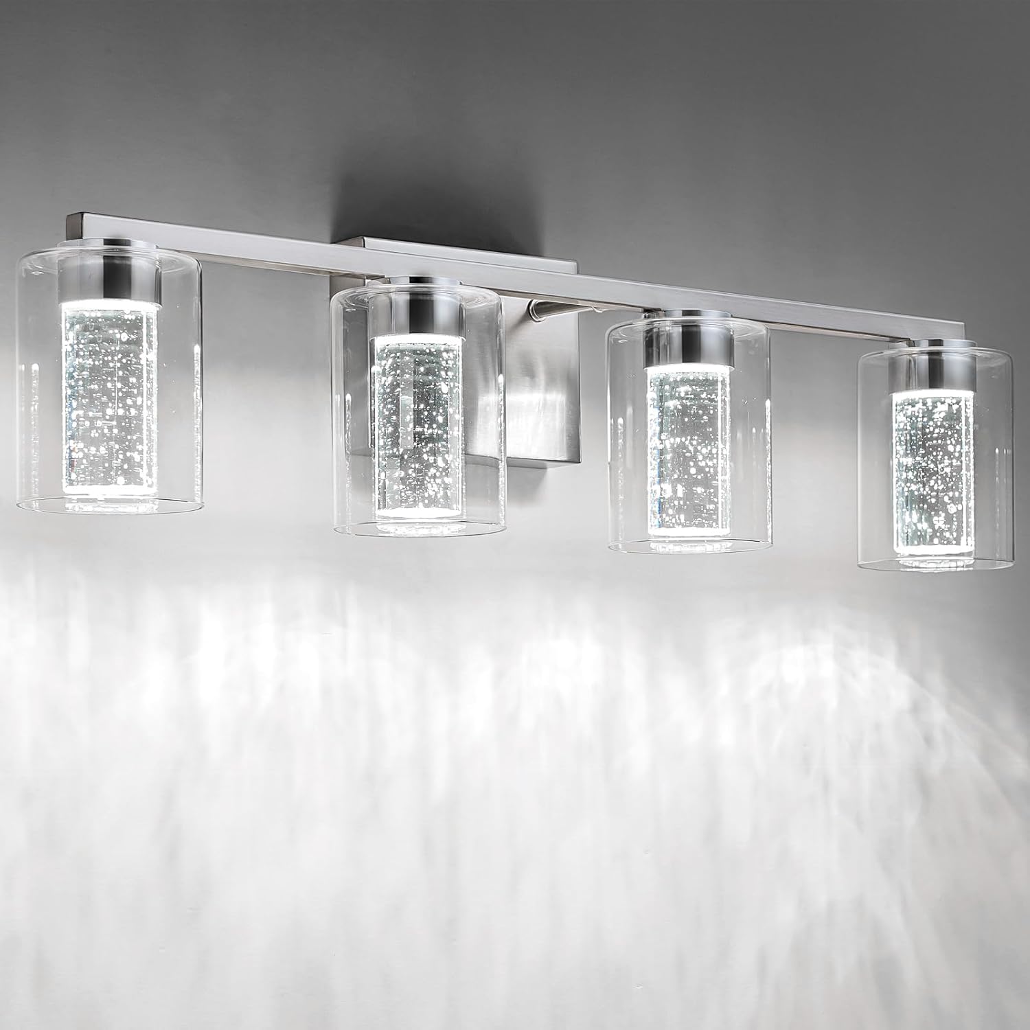 SineRise 4-Light Brushed Nickel Vanity Light with 3 Color Modes (3000K/4000K/6000K), Eye Protection LED Bathroom Light Fixture, Dimmable Modern Wall Light Over Mirror with Clear Glass Shade