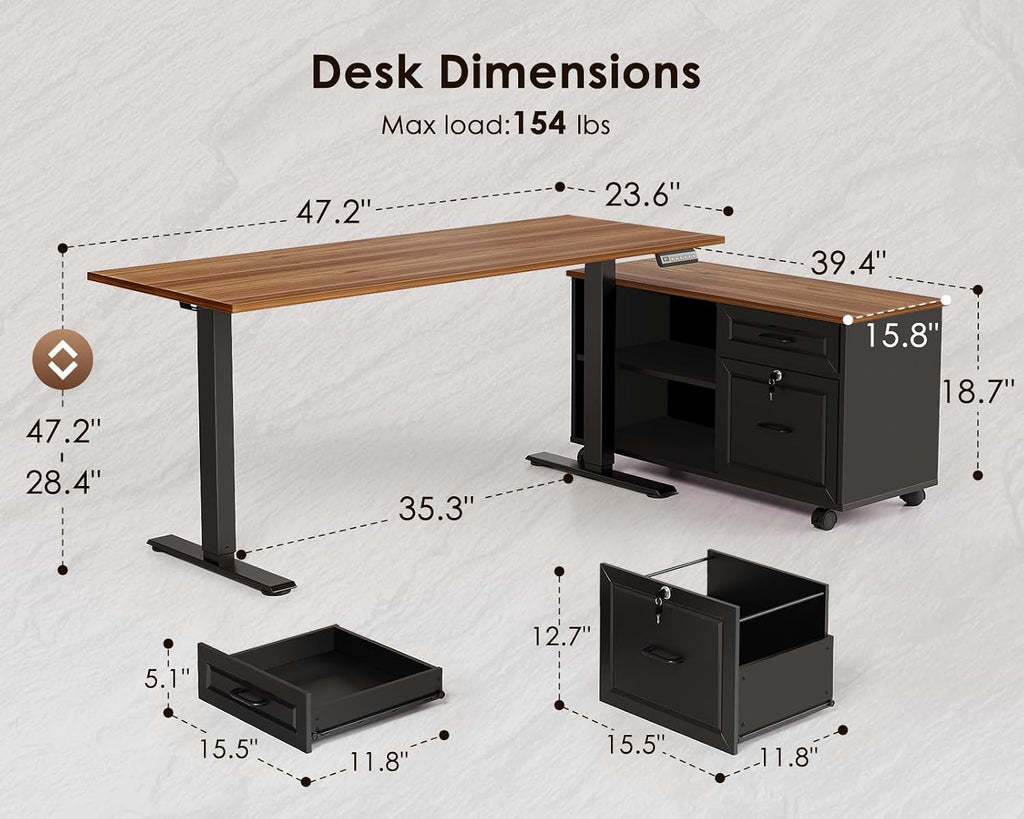 OffiGo 48 Inch L Shaped Electric Standing Desk with Drawers & File Cabinet Sets, Executive Sit Stand Desk, Height Adjustable Computer Desk for Home Office, Writing, Workstation, Walnut+Black