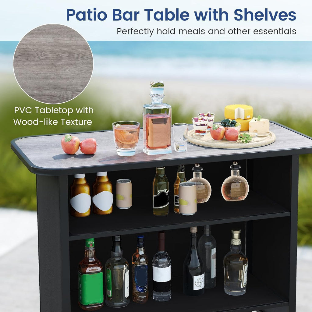 Tangkula 3 Piece Outdoor Bar Set, Patio Bar Height Table & Armchairs with Footrest, Wood Plastic Tabletop & 2-Tier Shelf, Heavy-Duty Metal Barstools & Table Furniture for Backyard, Poolside (Black)